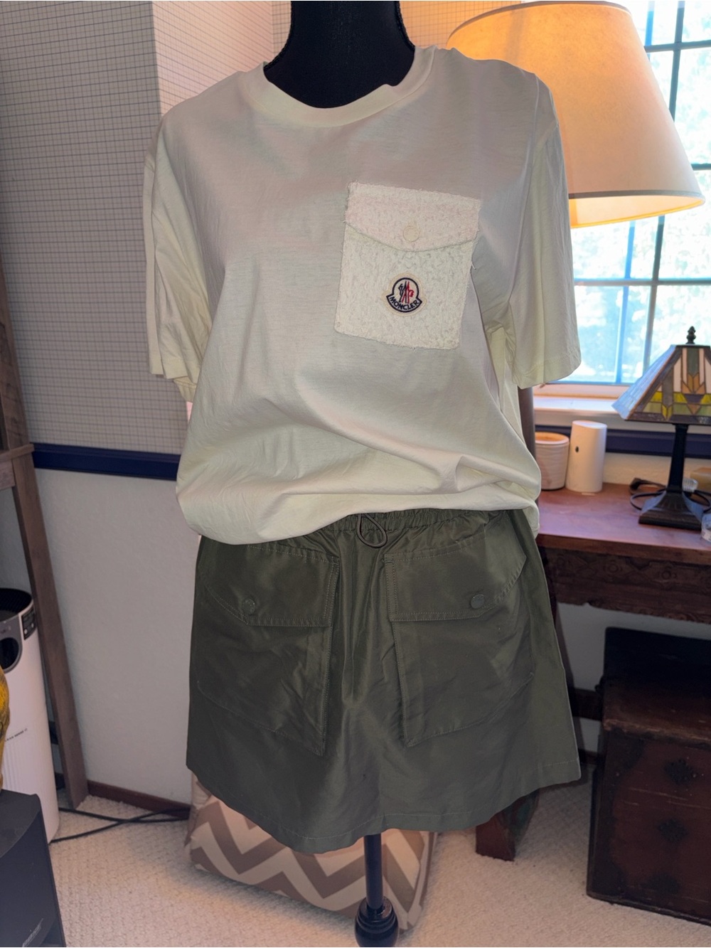 Women’s Moncler Ivory Short Sleeve Pocket Tee with Logo Patch